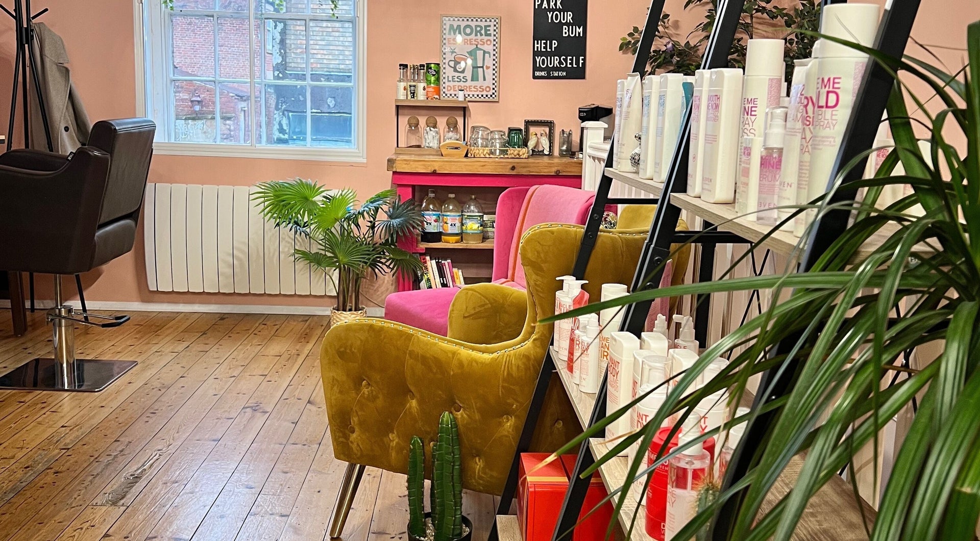 The salon interior: styling chair by the window, a ladder shelf of haircare products, plants and blush pink walls